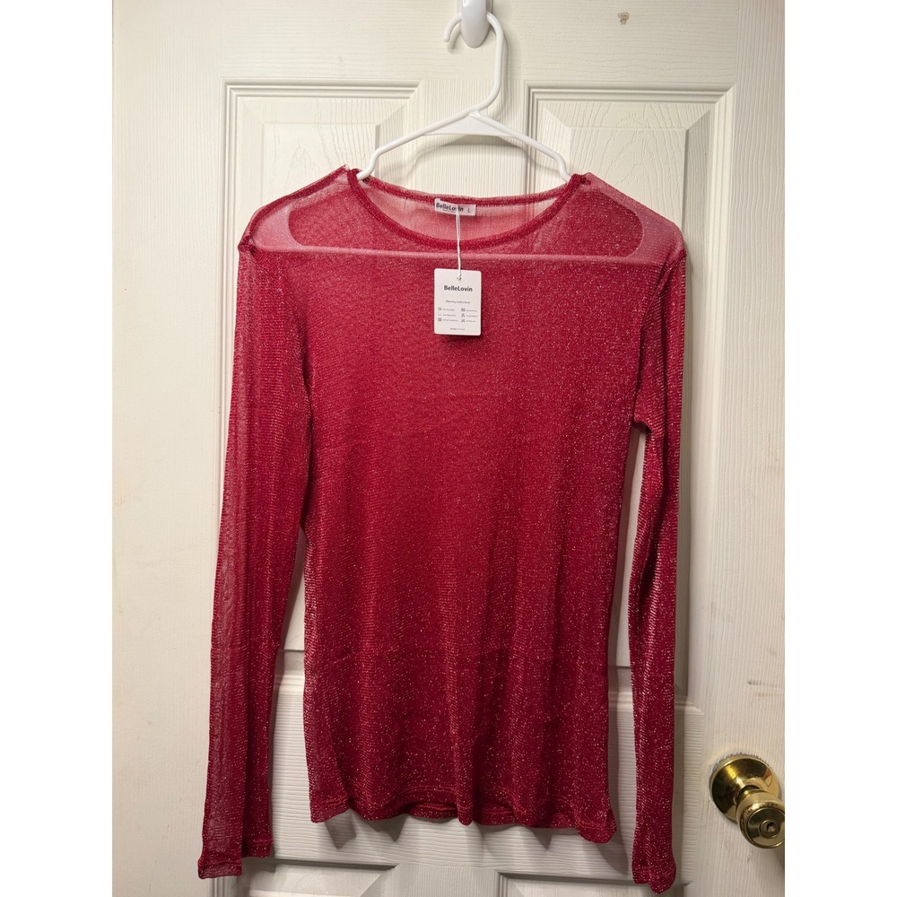 BelleLovin Red Metallic‎ Shimmer Sheer Long Sleeve Knit Top NWT Large